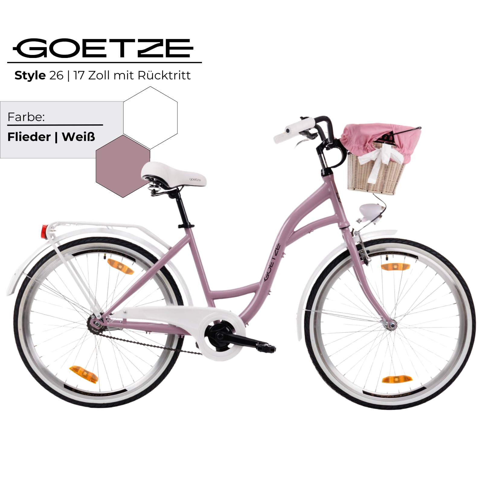 Goetze Style 26 Zoll Damen Citybike, 17 Zoll Tiefeinsteiger Rahmen, 1-Gang Rücktrittbremse, V-Bremse vorne, LED-Beleuchtung, Gepäckträger, Rattankorb, Komfortsattel, mit Ständer & Klingel