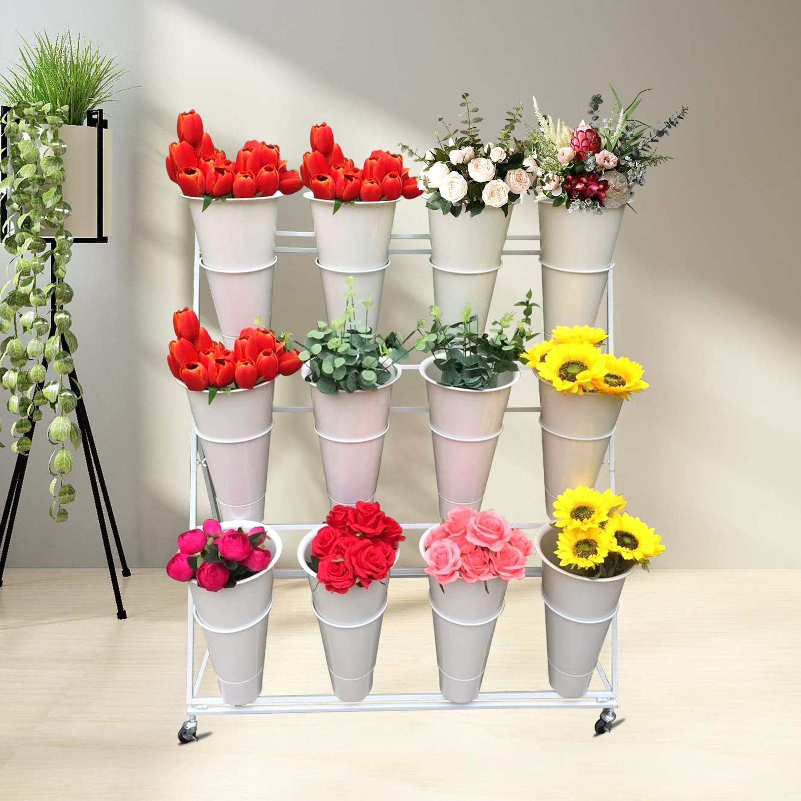 ❃ローズ❃ 3 Tier Metal Flower Display Stand Frame with 12pcs Buckets