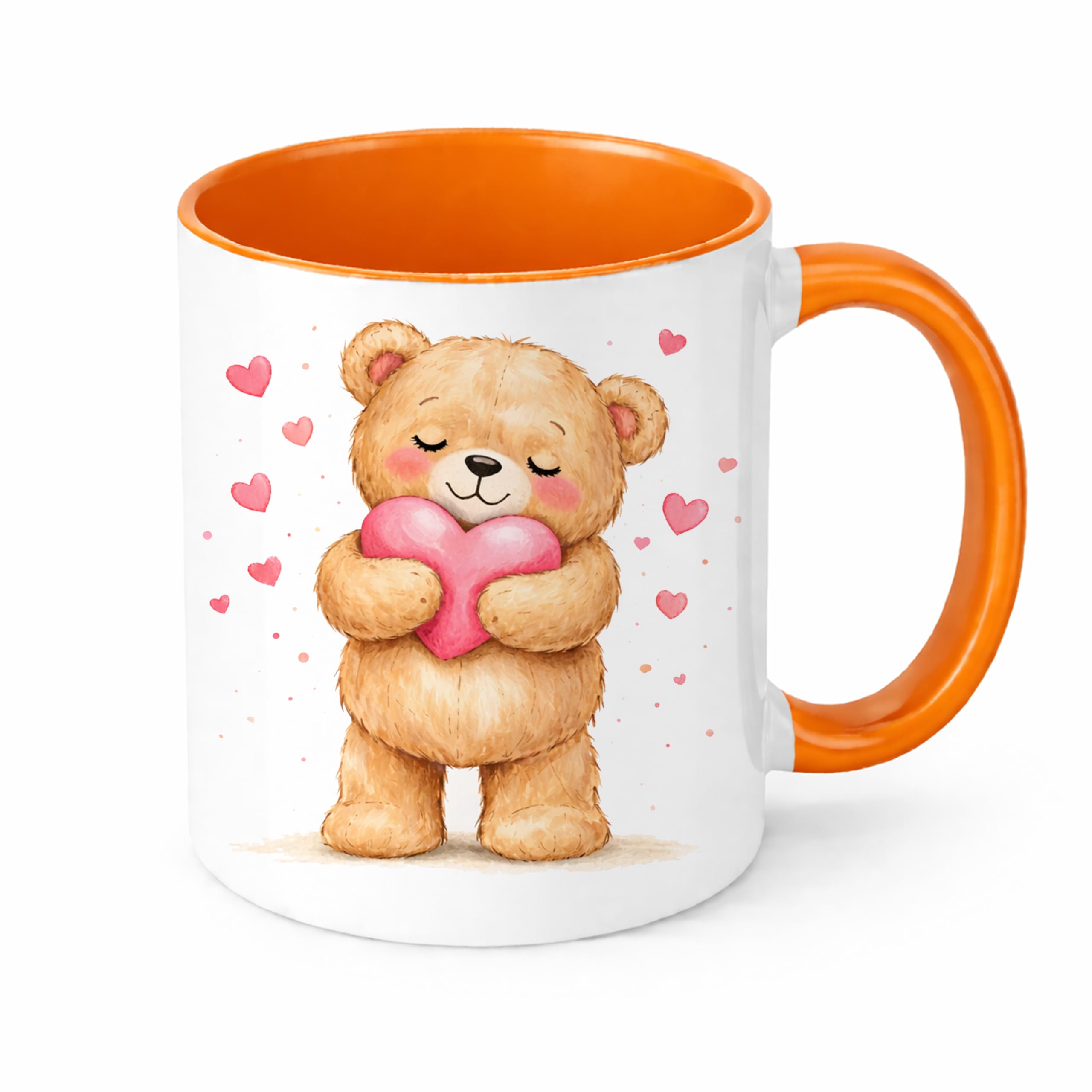 Brew Crew Gifts Love Heart Teddy Bear Mug, White Ceramic Coffee Mug with Watercolour Bear Design, Gift for Love and Friendship (Orange)