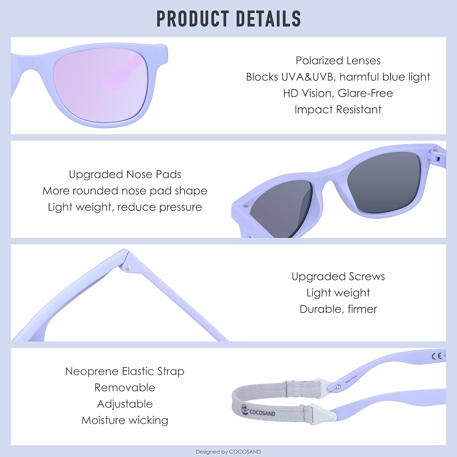 COCOSAND Kids Sunglasses with Strap Polarized Flexible Frame Soft Silicone Nose Pads for Toddler Boys Girls Ages 2-6