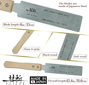SUIZAN Japanese pull saw Ryoba 6 inch replaceable small hand saw flexible flush cut saw wood and soft woodworking tools