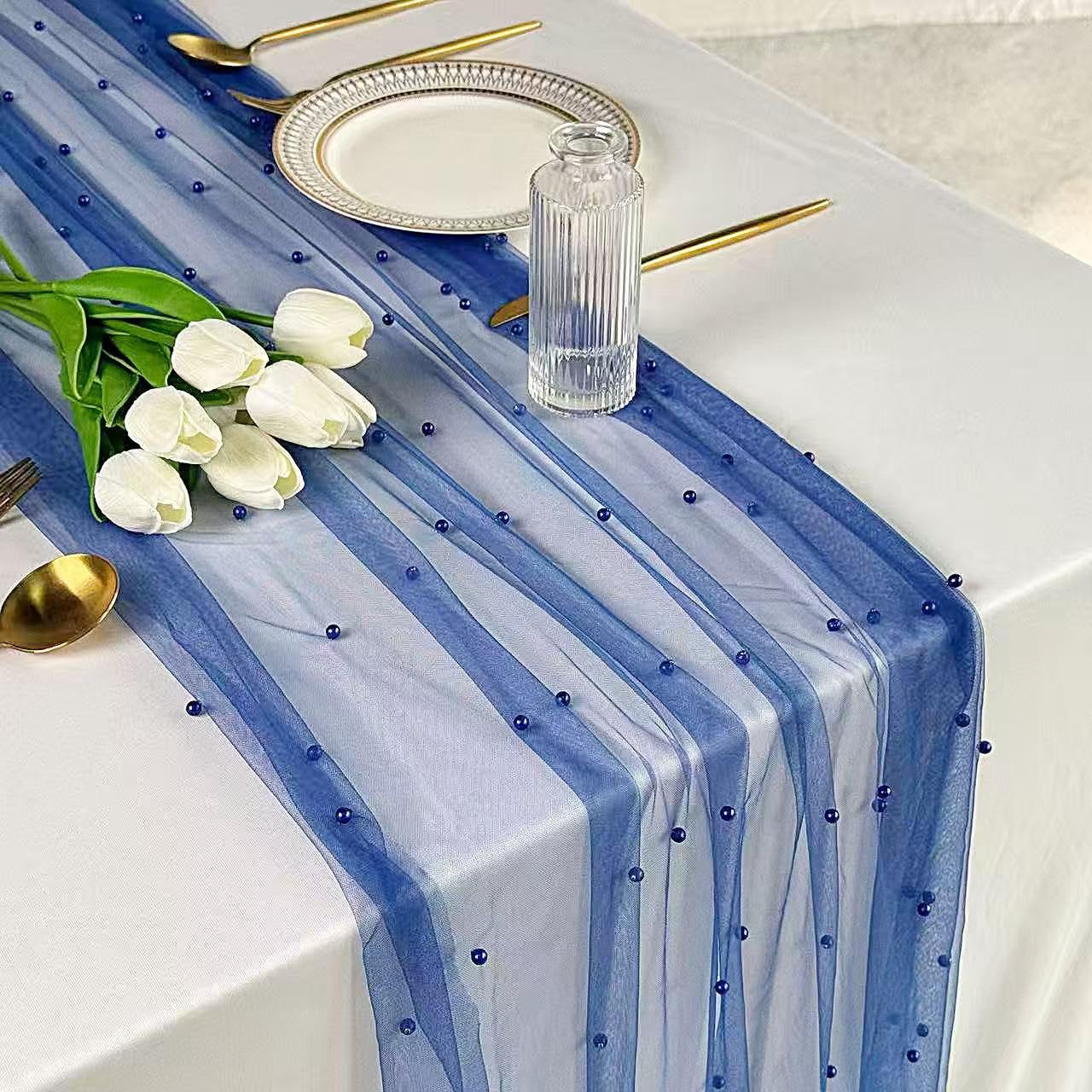 Plancholo Pearl Table Runner 118 Inches Long Baby Blue Boho Rustic Tulle Table Runner with Baby Blue Pearls for Wedding Birthday Party Table Decor, 30x118 Inches