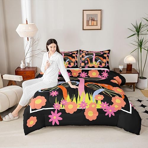 Miniatura 5 de Feelyou Groovy - Juego de edredón de flores para niñas y niños, edredón retro floral bohemio con hongos de los años 70, juego de ropa de cama de