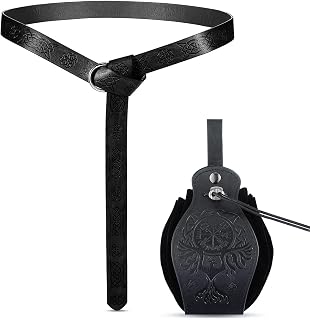 Medieval Leather Belt Pouch Renaissance Belt Bag - Halloween Viking Pirate Knight Costume Accessories for Men and Women,Embossed Black Belt with Coin Purse Set