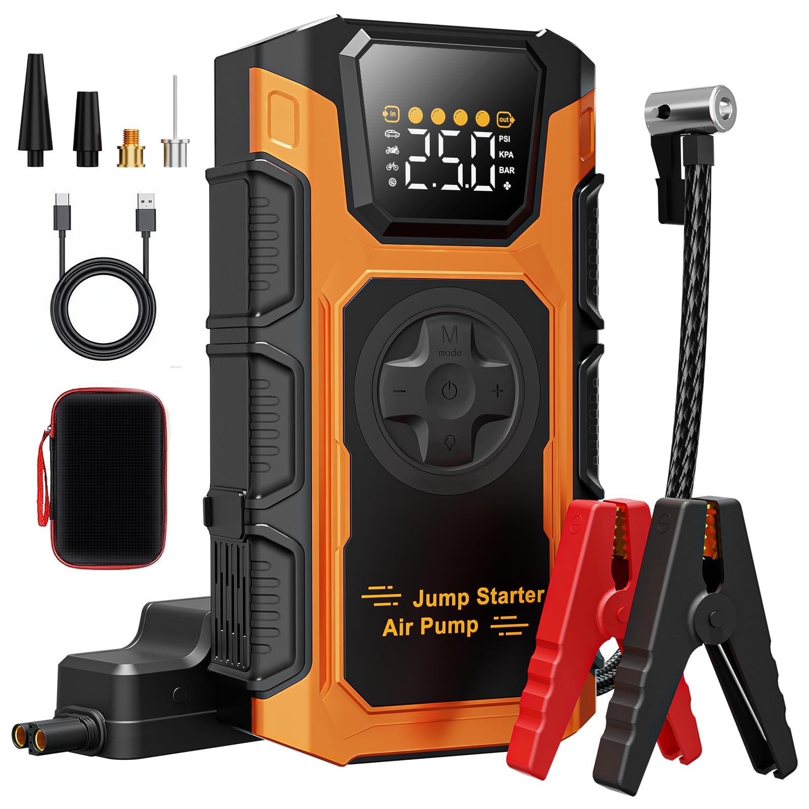 Arrancador de Baterias de Coche con Compresor Aire, 5000A 12V Arrancador de Coches(Toda Gas/10L Diesel), 7en1 Profesional Portatil Jump Starter Cargador Bateria con 150PSI Inflador/18W Carga Rápida