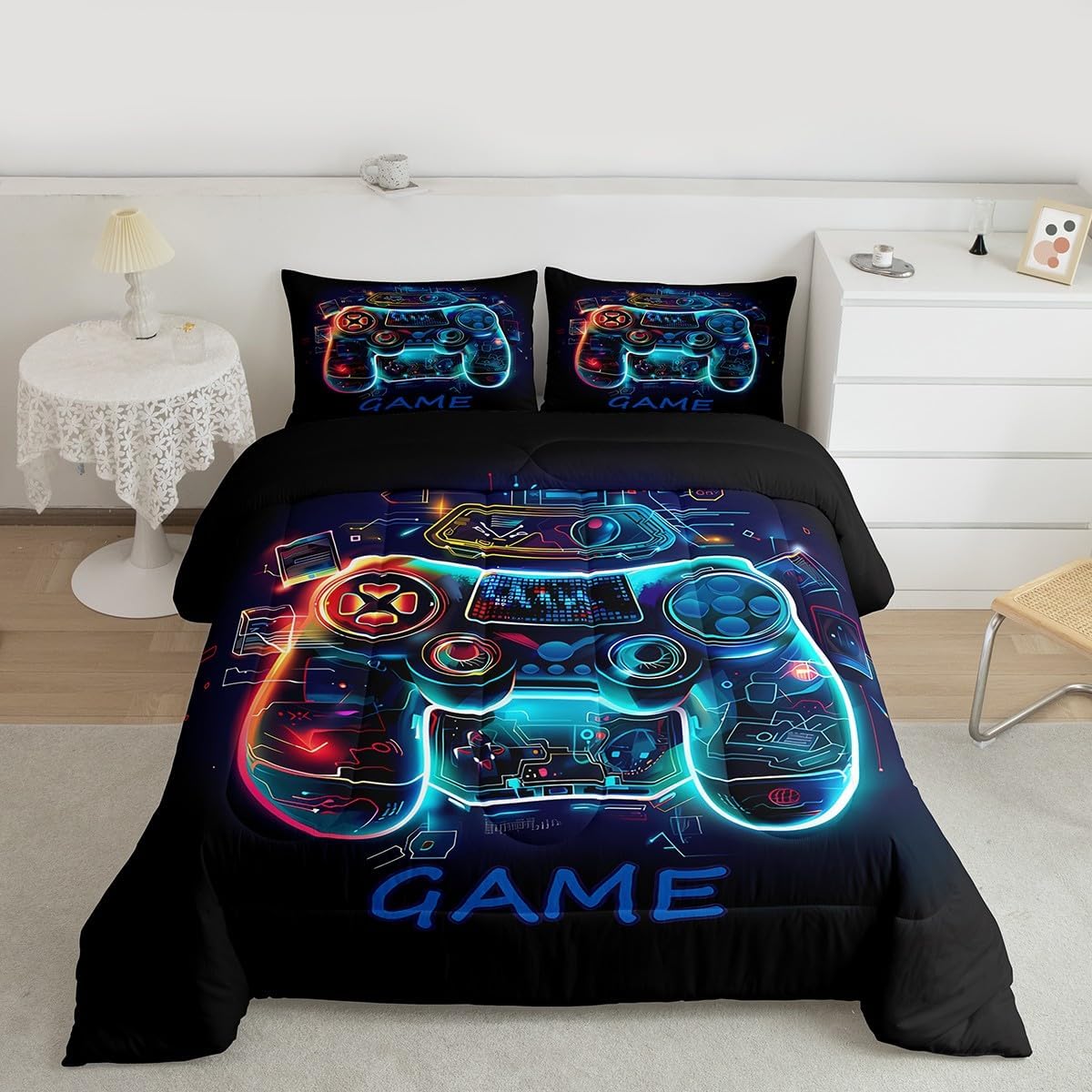 Gamer Comforter Set Twin Size Boys Gaming Gamepad Bedding Set for Kids Girls Teens Game Console Duvet Insert Breathable Game Controller Quilt Bedroom Decor,1 Comforter with 1 Pillowcase