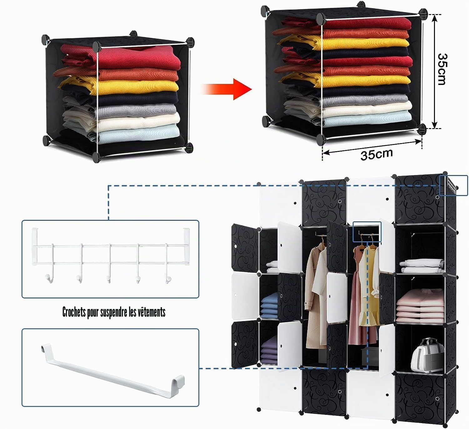 HENGMEI Armoire à 20 cubes en plastique polypropylène, porte-vêtements portable avec 2 tringles à vêtements pour vêtements, livres, jouets 145 x 178 x 37 cm