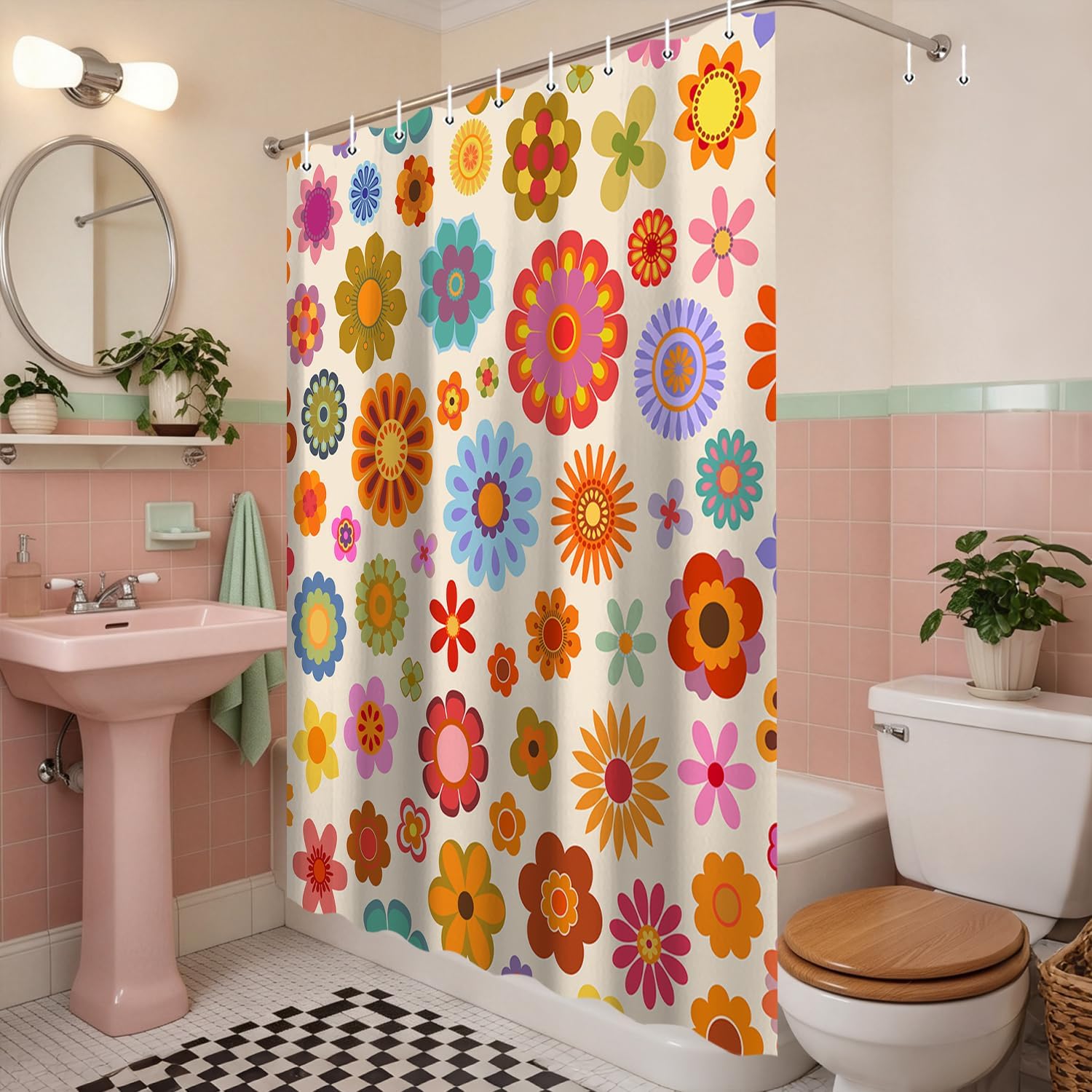 Retro Flower Shower Curtain, Groovy Vintage Hippie Funky 70s Sun Flowers Shower Curtains for Bathroom Decor, Boho Colorful Floral Shower Curtain Set with 12 Hooks, 70X70IN Bath Decor