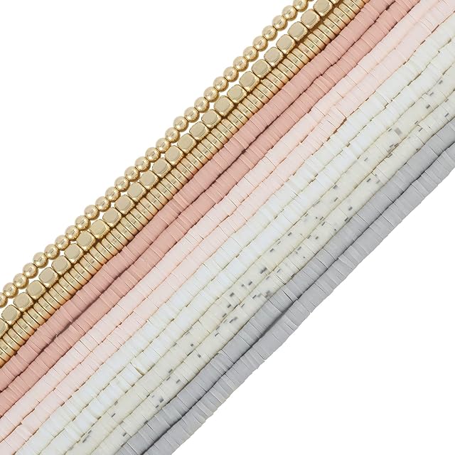 Bocar BOCAR 4mm 10 Strands Clay Beads Kit Vinyl Flat Handmade Polymer Clay Beads with 3 Strands Alloy Beads Spacer for Jewelry Making Necklace Bracelet Earrings Finding (CB-004-mix 3)