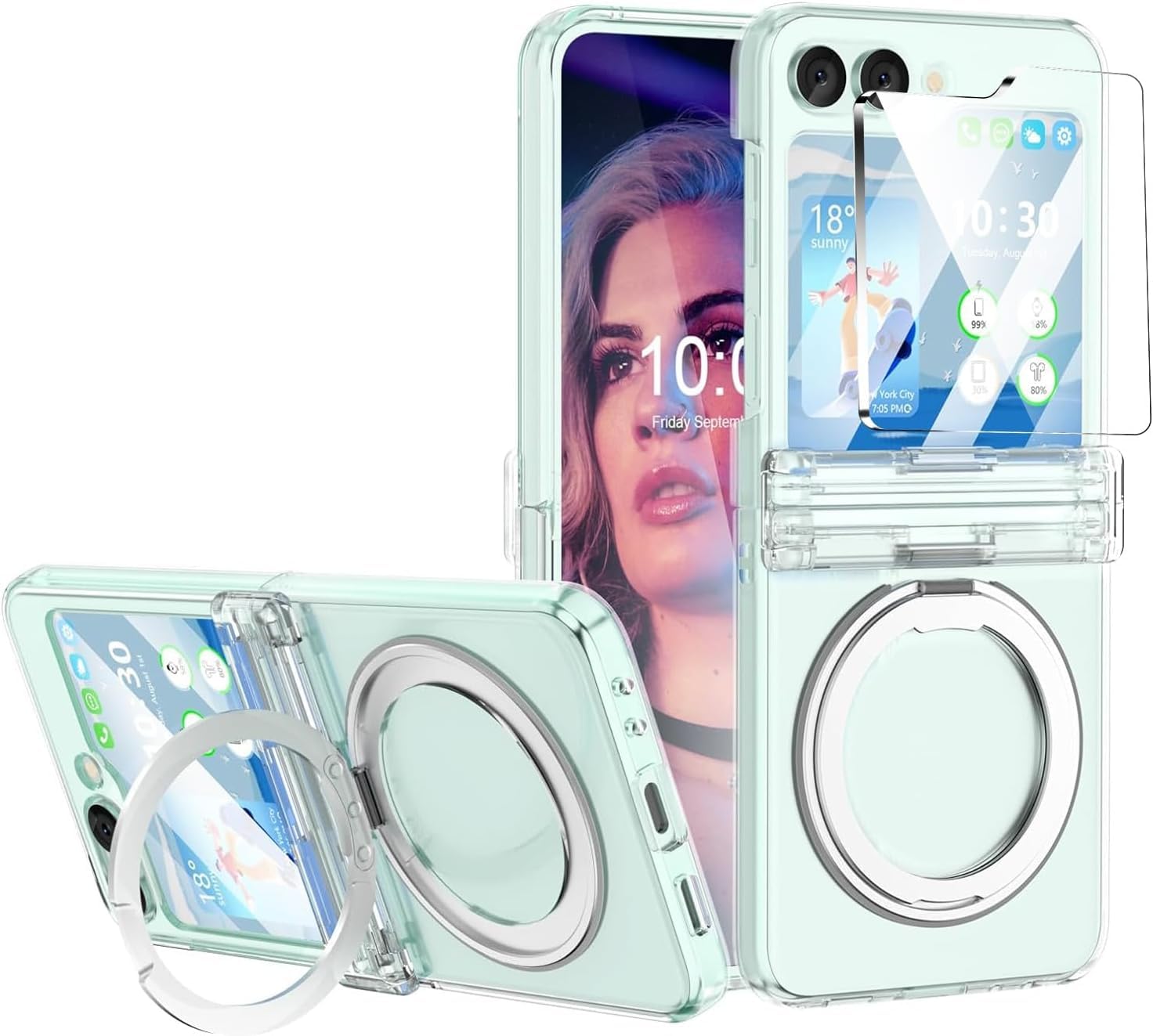 ELEPIK for Galaxy Z Flip 6 Case with Sturdy 360°Rotatable Ring Stand, [Hinge Protection] [Compatible with MagSafe] [Back Window Screen Protector] Military-Grade Slim Z Flip 6 5G Phone Cover, Clear.