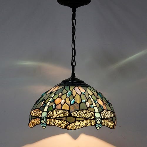 Miniatura 8 de WERFACTORY Tiffany - Lámpara colgante de cristal azul marino, libélula colgante de 12 pulgadas de alto, 32 pulgadas, serie S147