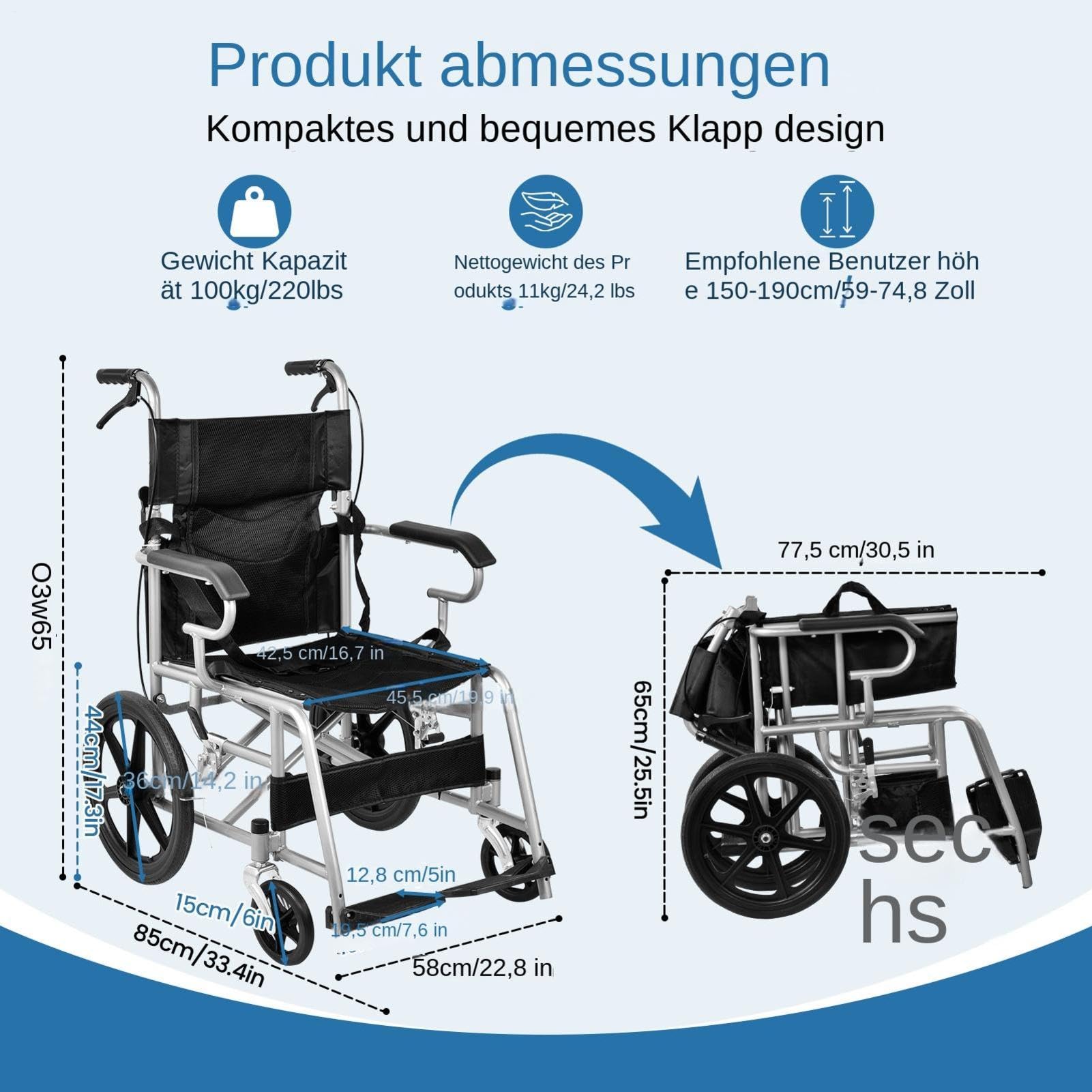 Silla de ruedas ultraligera, plegable, ligera, 100 kg, plegable y ligera, freno en las asas, silla de ruedas de viaje para discapacitados y personas mayores, apoyabrazos, ligera, asiento de 46 cm