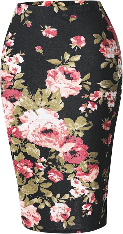 SSOULM Women's Floral Midi Pencil Skirt - Made in USA - Stretchy High Waisted Work Office Bodycon Skirts (Plus Size) FLORALBLACK 1X