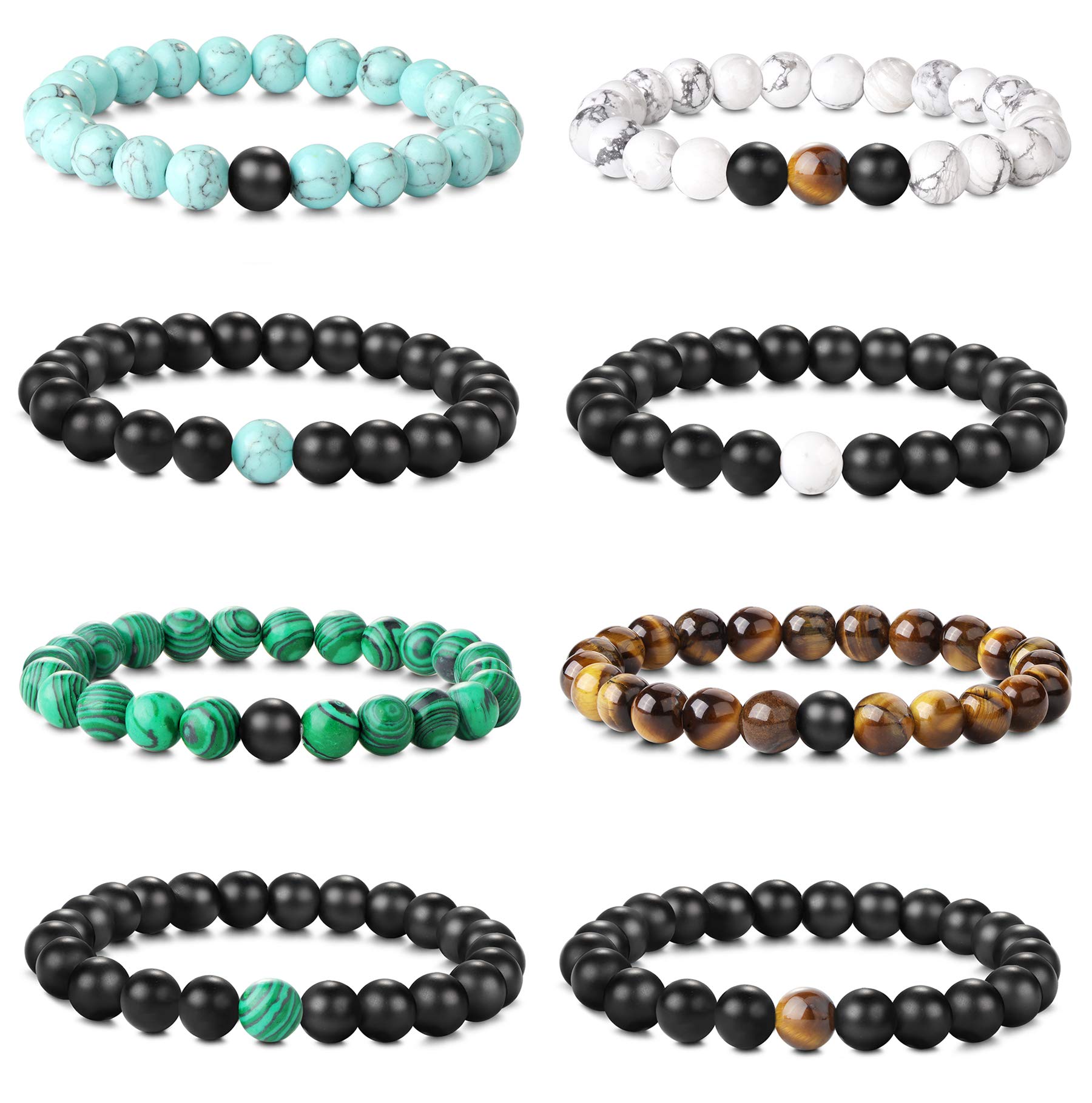CASSIECA 8Piezas 8MM Cuentas Pulsera Piedra para Hombre Mujer Pulsera Ojo de Tigre Amarillo Turquesa Brazalete Bolas Blanco Negro Estirable