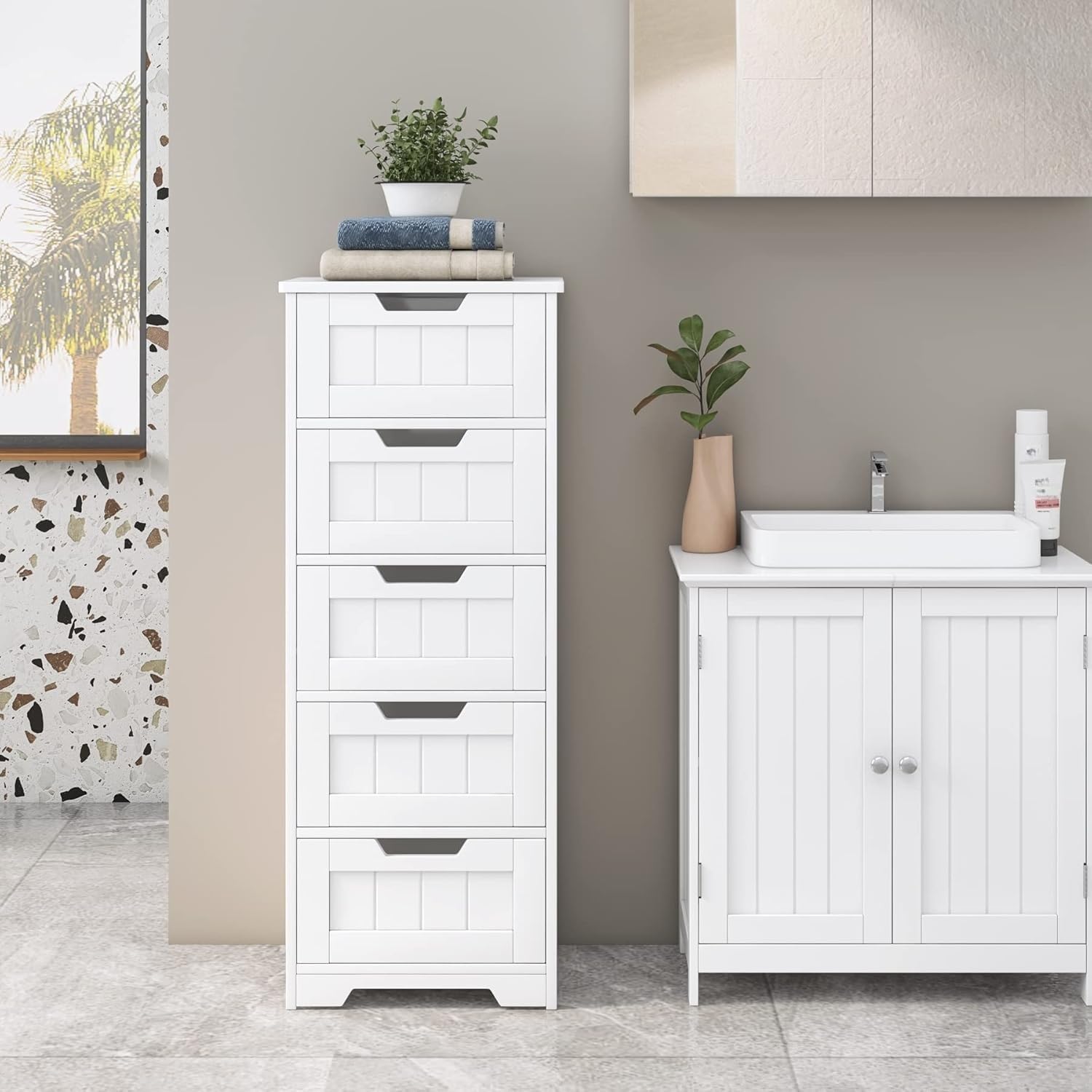 FOREHILL Mobile Bagno con 5 Cassetti,Cassettiera bagno in Legno,Armadietto Autoportante per Soggiorno, Cucina, Corridoio, Bagno 40x30x102cm Bianco