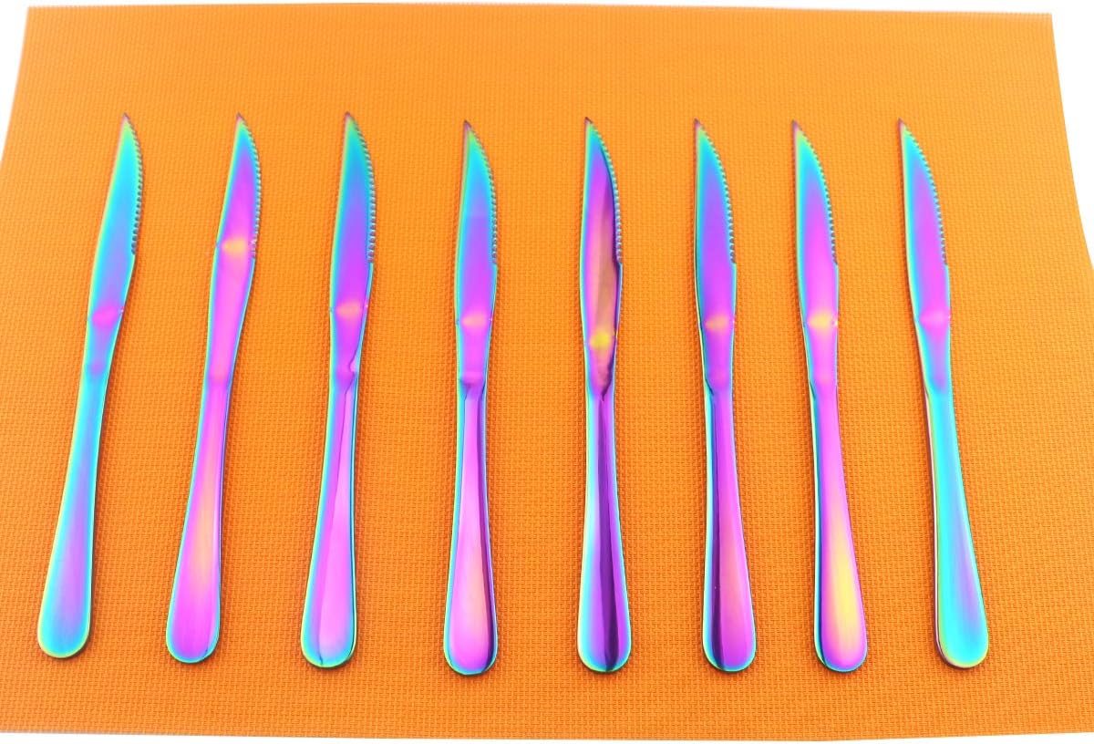 8 Pieces Mirror Polished Stainless Steel Steak Knife Set Flatware 9-inch Rainbow Heavy Duty Shiny Serrated Knives Service for 8