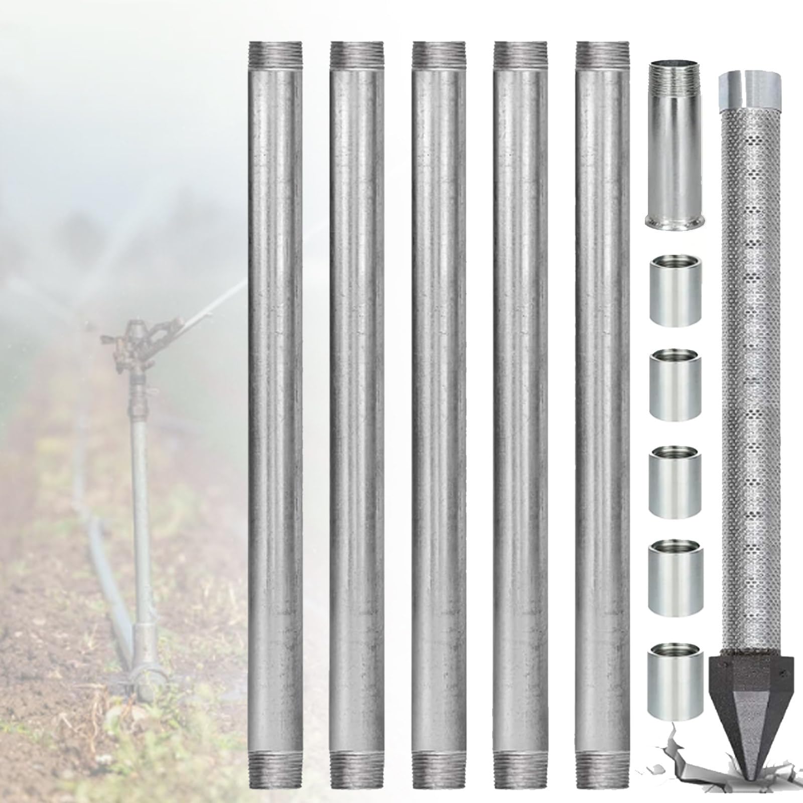 ZyKnaurral Self-sufficient DIY Driven Point Well Kit，with 1-1/4" x 36" Water Well Drilling Point, Galvanized Drive Pipes, Couplings and 60 Gauze Mesh Screen to Clean Water 6M-NoWaterPump