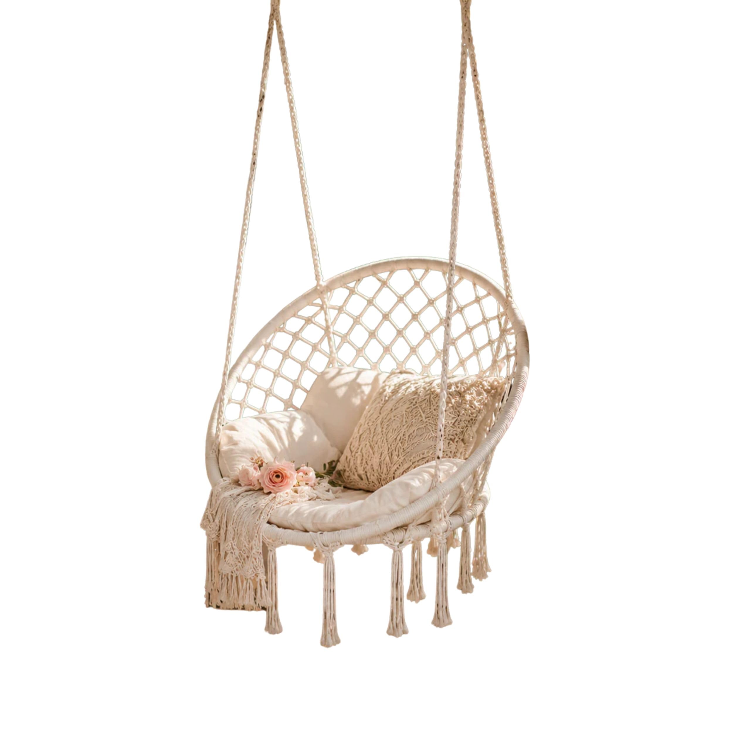 Viron Poltrona Sospesa Da Esterno Ø80x95h cm Dondolo Da Giardino In Corda Di Cotone Intrecciato Bianco