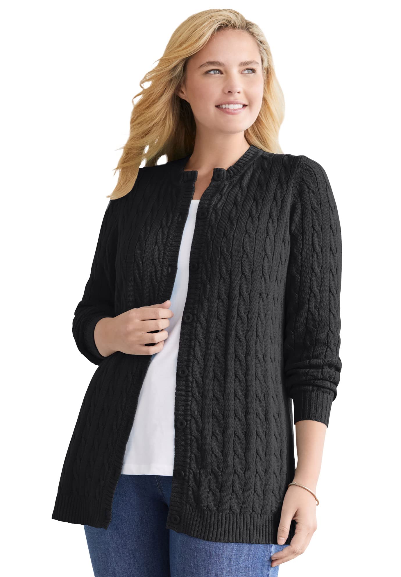 Woman Within Plus Size Cotton Cable Knit Cardigan Sweater