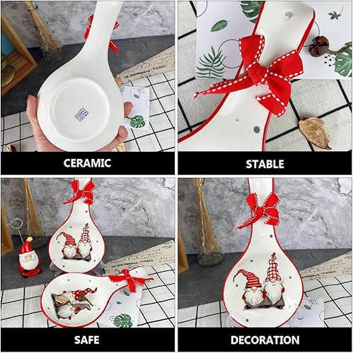 Miniatura 5 de Soporte para palillos, soporte para cucharón de Navidad, soporte para cuchara, soporte de cuchara de gnomo de cerámica, con lazo, palillos y