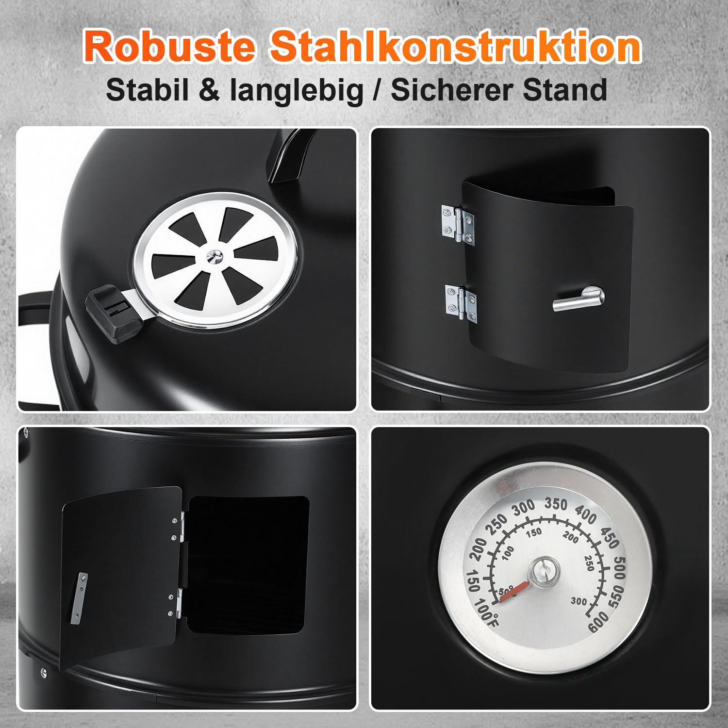 3 in 1 Räucherofen Smoker Grill mit Thermometer, Holzkohle Räuchertonne mit 2 Türen, 2 Ebenen & regulierbarer Lüftungsklappe, kompakter BBQ Holzkohlegrill für Garten, Balkon & Camping