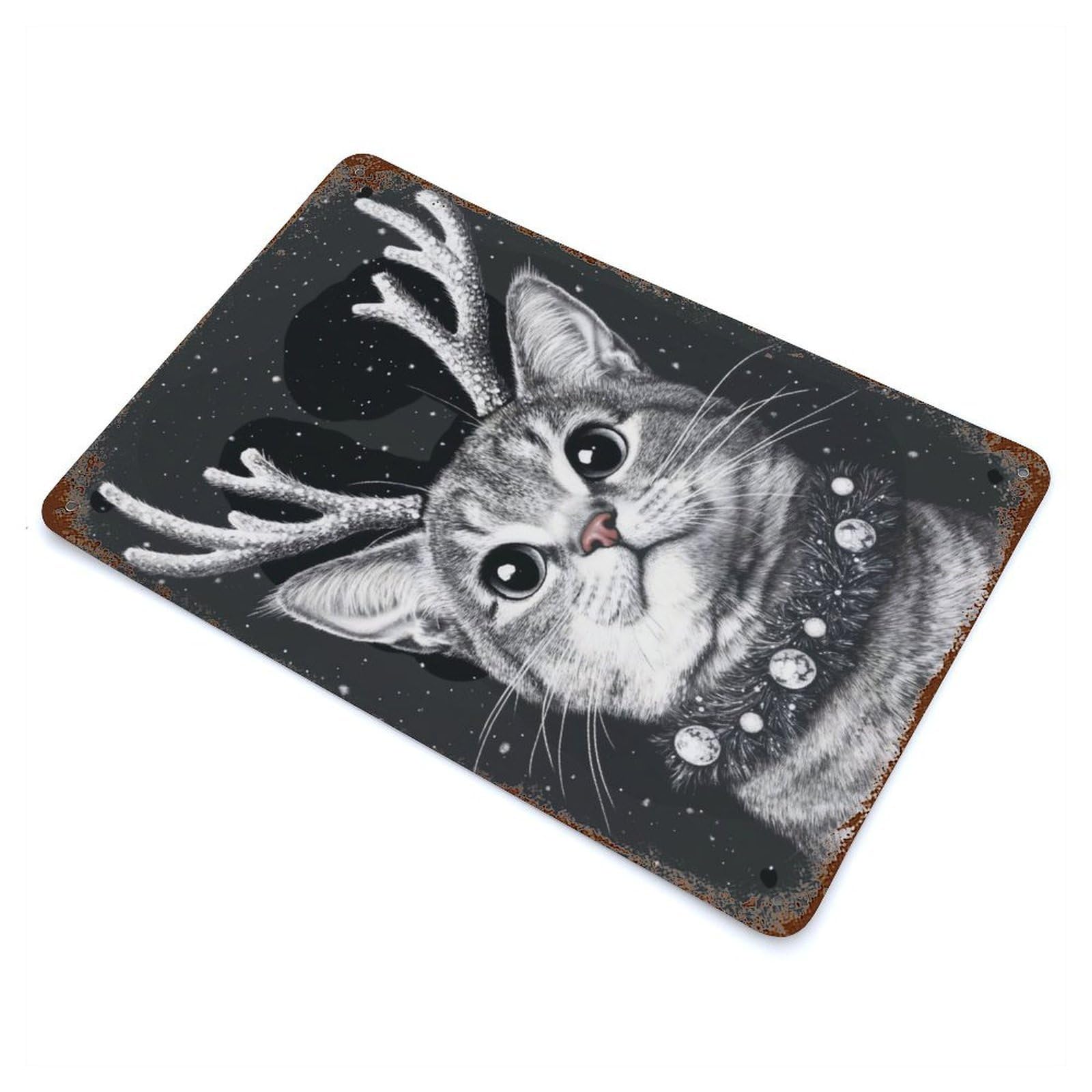 Cute Reindeer Cat Vintage Rust Metal Sign 11.8"x7.9", Classic Wall Plaque for Basement, Hobby Room And Garage Decor
