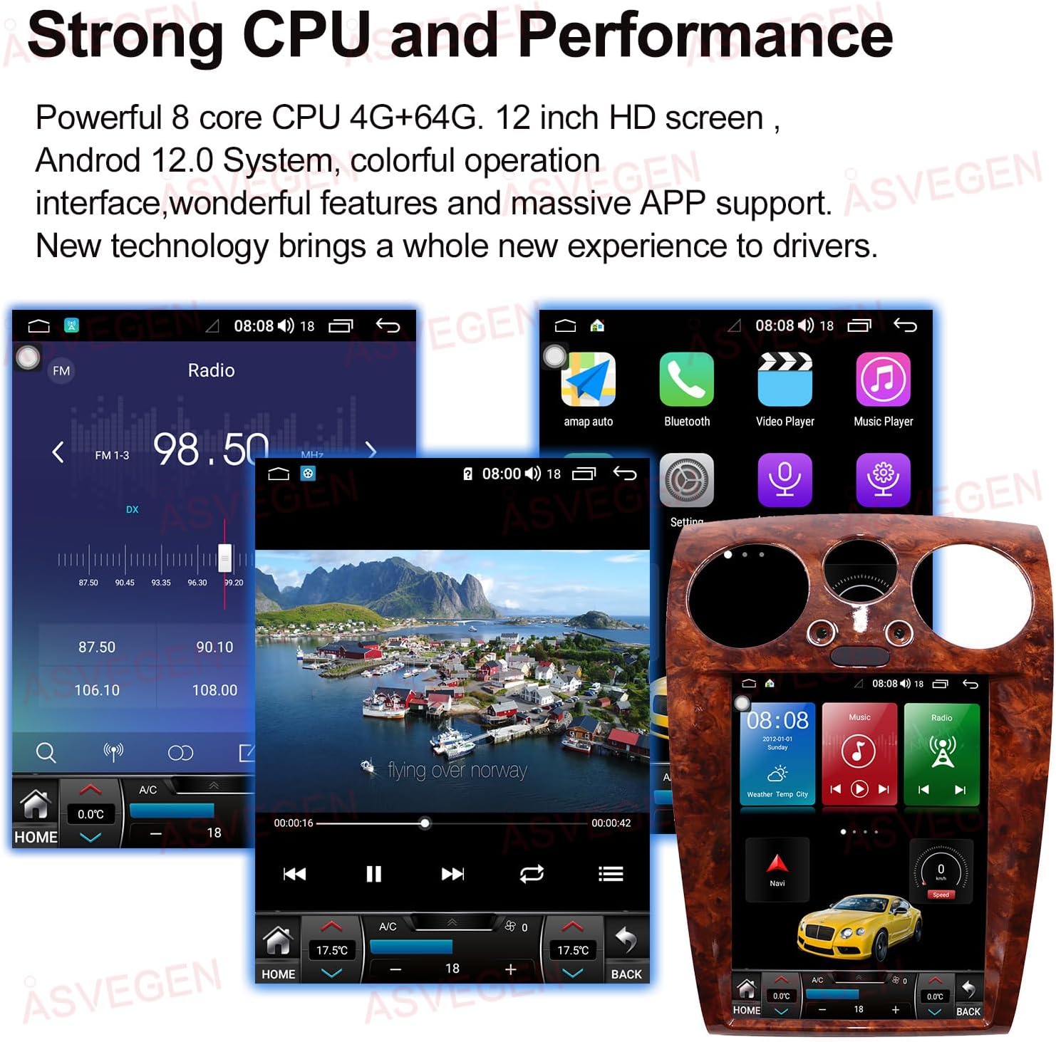 ASVEGEN car stereo displaying various Android applications and radio interface
