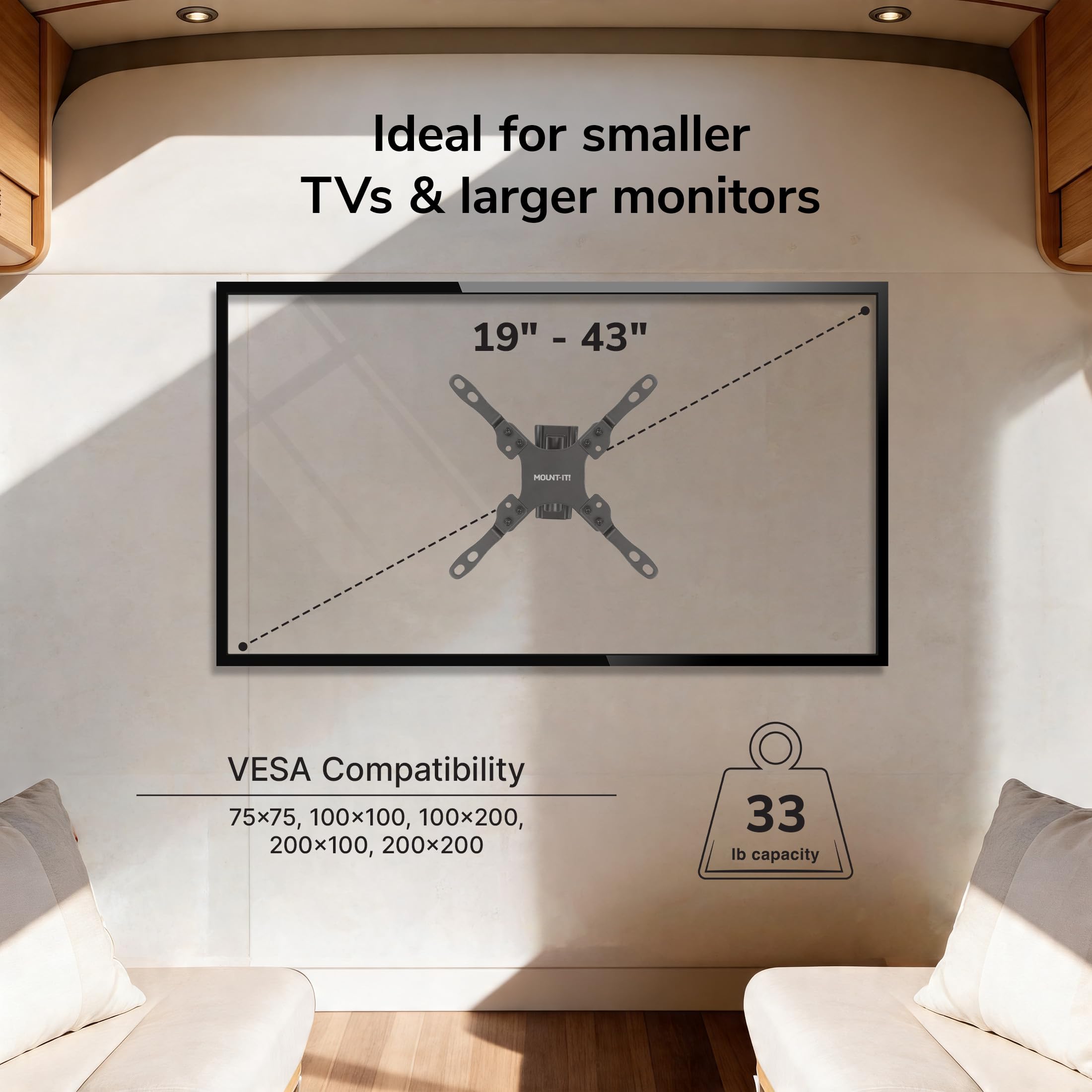 MOUNT-IT! Wohnmobil-TV-Halterung für Flachbildschirme | 33 - 68 cm (13 - 27 Zoll) | 15 kg Kapazität | Innen- und Außenbereich | schwenkbar, neigbar, verstellbar, 100 x 100, 200 x 200 (mattes Schwarz)