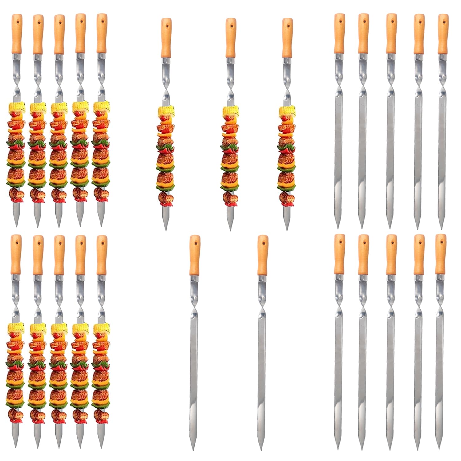 ZMC 25 spiedini per kebab da 55 cm, in acciaio inox, larghezza 2 cm, spessore 2 mm, con manico in legno, antiruggine, per carne, verdure, pesce, stabili e riutilizzabili per barbecue e barbecue