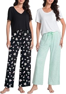 2 Pack Womens Pajama Sets Short Sleeve Top and Pants Pj Sets