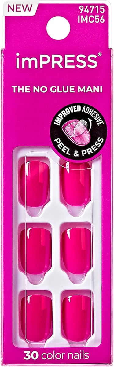 Kiss Impress No Glue Mani Press On Nails, Color, 'All Smiles', Pink, Short Size, Squoval Shape, Includes 30 Nails, Prep Pad, 1 Manicure Stick, 1 Mini File