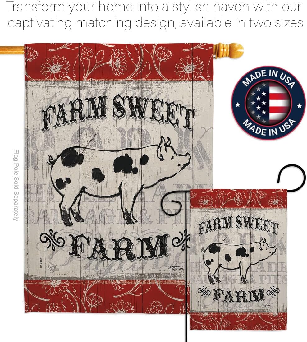 Breeze Decor Sweet Farm Pig House Flag Pack Barnyard Animal Cow Horse Rooster Farmhouse Pet Nature Creature Applique Decoration Banner Small Garden Yard Gift Double-Sided, Made in USA