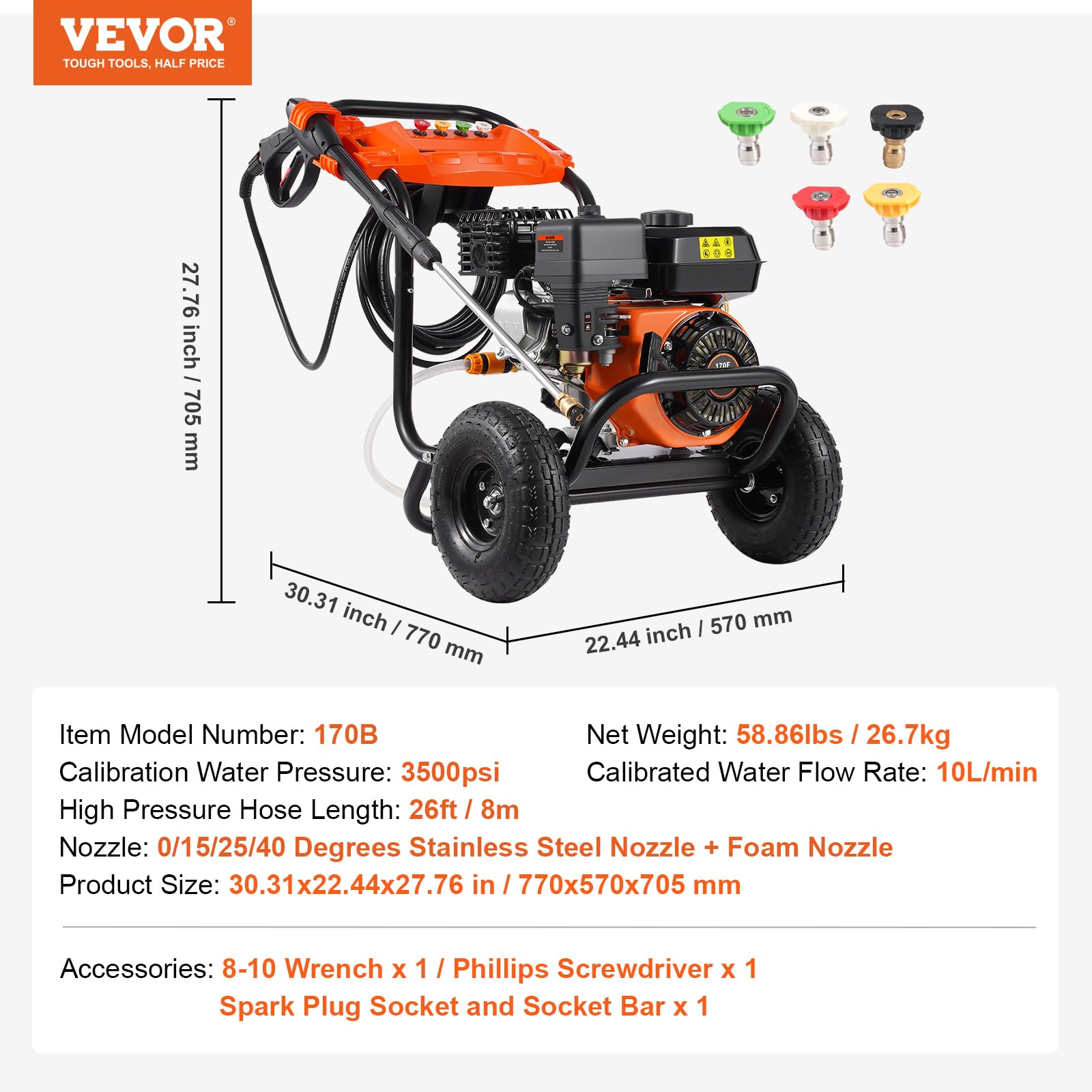VEVOR Idropulitrice a Gas 246,07 kgf/cm² 10 L/min Idropulitrice a Gas con Pompa in Alluminio, Prolunga, Set da 5 Ugelli, Idropulitrice ad Alta Pressione per Auto, Recinzioni, Case, Cortili, Verticale