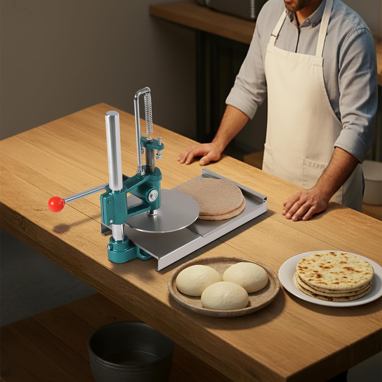 Manual Pizza Dough Press Machine w/ 0.2" Thick Disc, Stainless Steel Dough Press with Cast Iron Base for Uniform Crusts & Pastries, Home Kitchen & Commercial Use (7.9in)