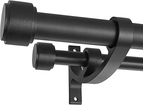 Barras de cortina dobles con soportes de aluminio para ramo y remates de tapa de extremo, barras de cortina negras mate para ventanas de 36 a 72