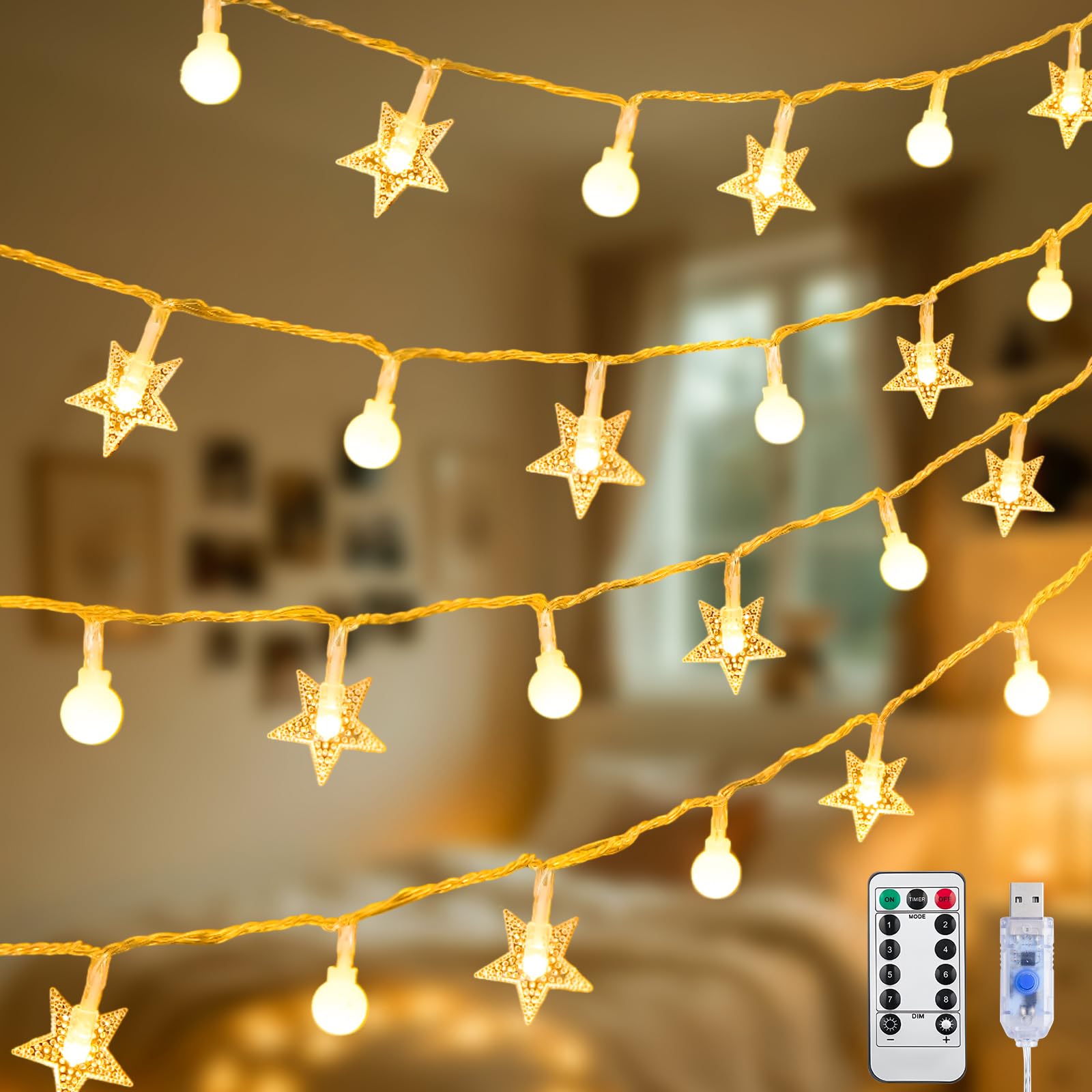 Photo 1 of JMEXSUSS 100 LED Globe Star String Lights, 33 FT Globe String Lights Indoor USB Plug in, Warm White Star Fairy Lights for Bedroom Classroom Dorm Indoor Decor