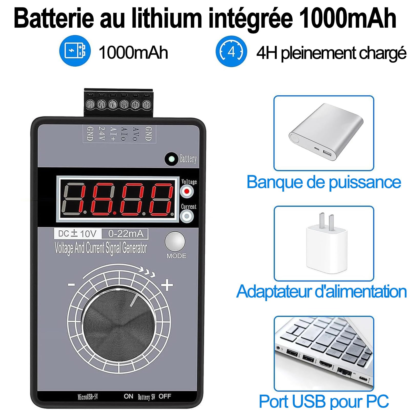 Générateur De Signal Portable, 4-20mA Générateur De Signal De Courant De Tension, 0-10V/0-22mA Ajustable Simulateur De Tension Actuelle Rechargeable Calibrateur De Source De Signal Analogique