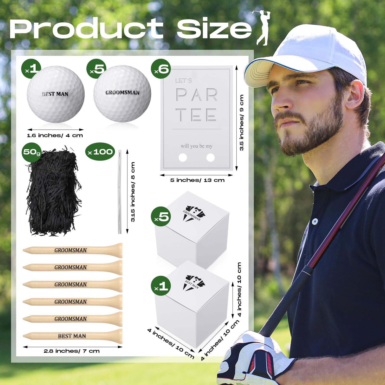 WinnerWhy 6 Sets Golf-Bambus-Golf-Tees mit Einladungskarten, Golfzubehör für Hochzeit, Trauzeugen, beste Männer, Golf-Geschenk, DIY-Golf-Geschenke
