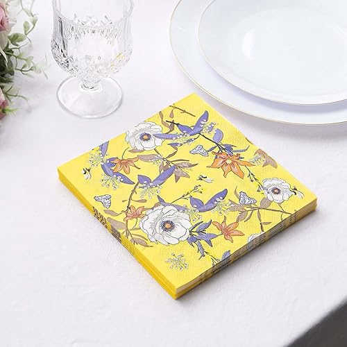 Miniatura 5 de Efavormart - Paquete de 20 servilletas de papel con flores florecientes de color amarillo brillante, servilletas de cóctel desechables botánicas