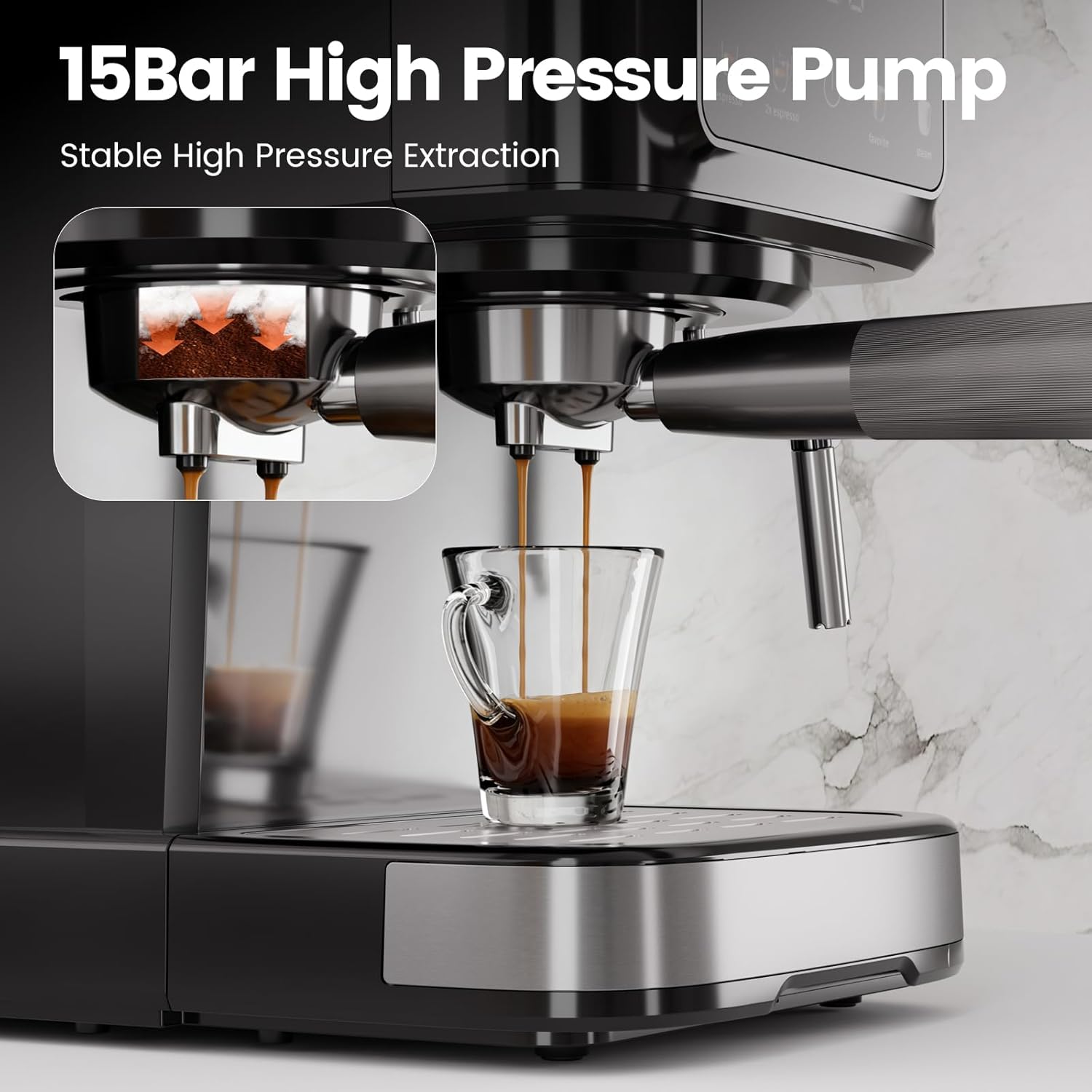 Kismile Espresso Machine with Milk Frother, 15 Bar Digital Espresso Maker with LED Touchscreen, 50oz Removable Tank for Latte & Cappuccino, Compact Coffee Maker for Home