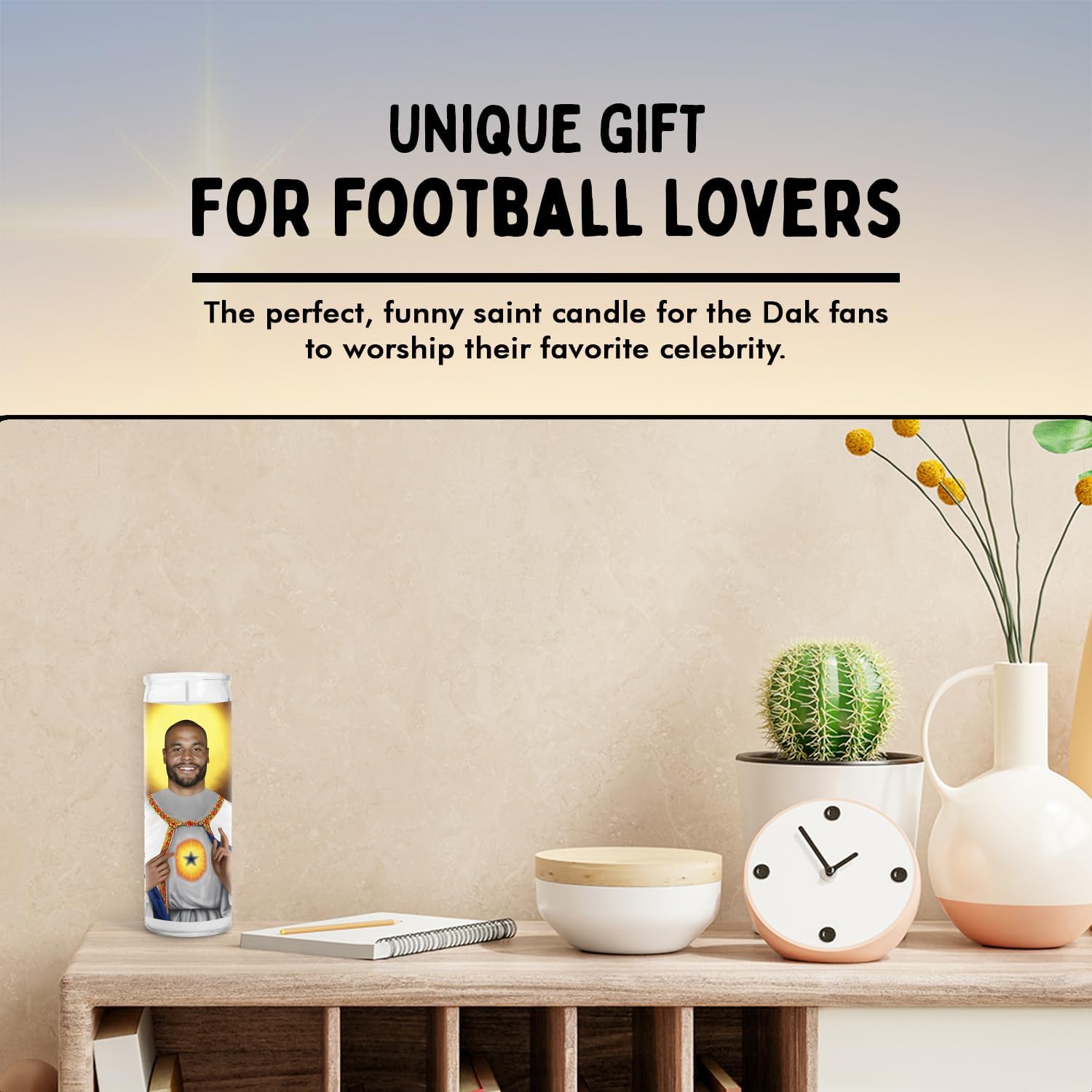 Dak Celebrity Glass Jar Candle – Unscented Handmade Soy Wax Votive Candle – Unique Gift for Dallas Football Fans – Home Decor Texas TX Sports Collectible