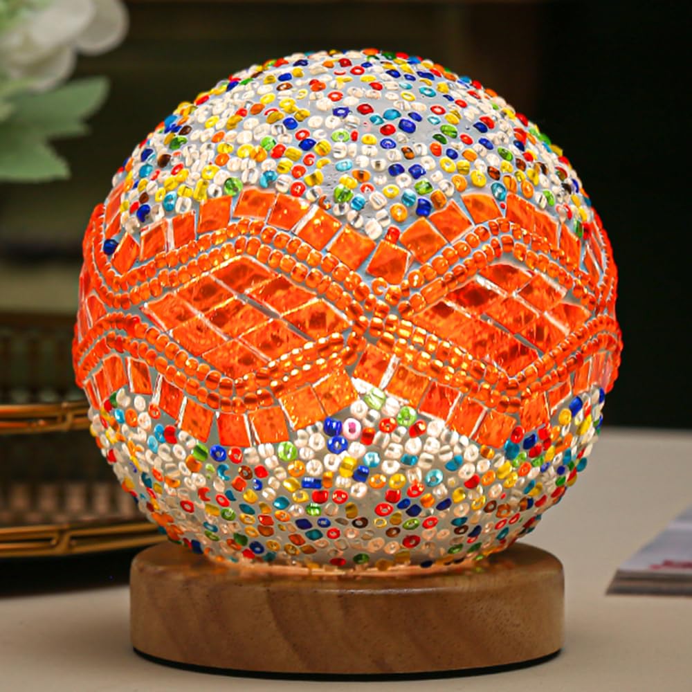 Turkish Table lamp (D:4.7" x H:5.2"),Mosaic Glass Lamps with Wooden Base, Bohemian Tiffany Bedside Lamps, USB power Moroccan Lantern for Living Room Halloween Decorations (Baroque - Orange, Baroque)
