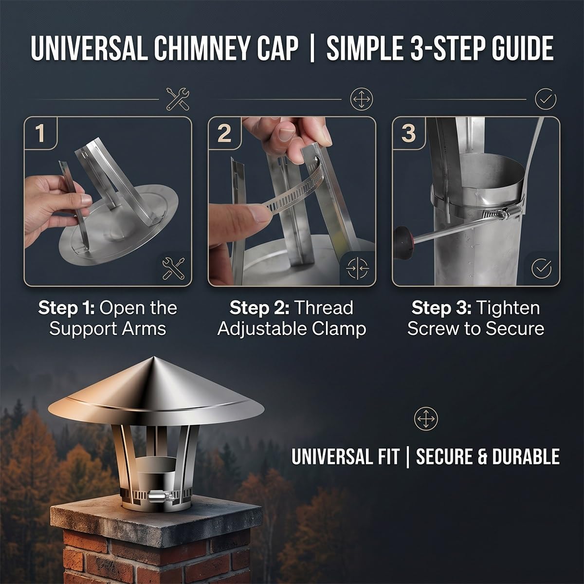 Sombrerete Chimenea Acero Inoxidable Tapa Protectora para Tubo de Estufa Caperuza Antilluvia Sombrero de Ventilación Techo Salida Humos Deflector Viento Tiro Óptimo Fácil Montaje(300mm)