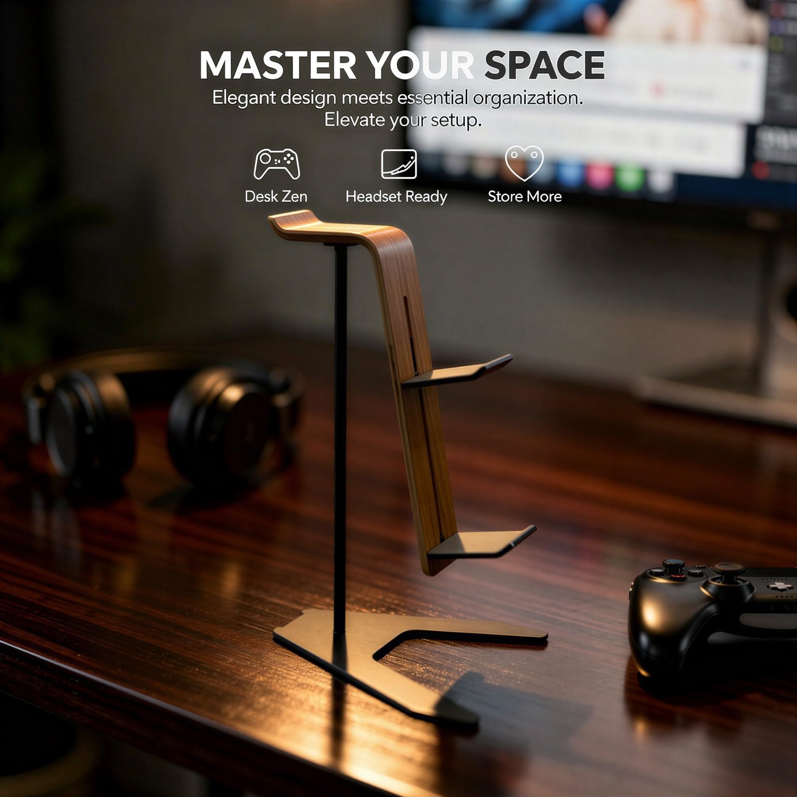 Generisch Headset- und Controller-Halter aus Walnussholz und Aluminium, Kopfhörerständer mit 2 Ablagen, gebogener Gaming-Controller-Ständer, Schreibtischzubehör für Over-Ear-Kopfhörer, Studio