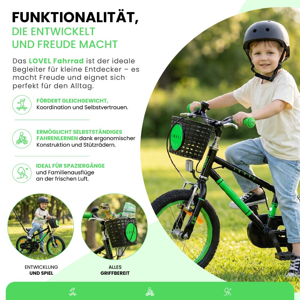 sun baby Kinderfahrrad 14/16 Zoll LOVEL - Mädchenfahrrad und Jungenfahrrad, 3-6 Jahre, max. 50 kg - Korb, Klingel, Kettenschutz