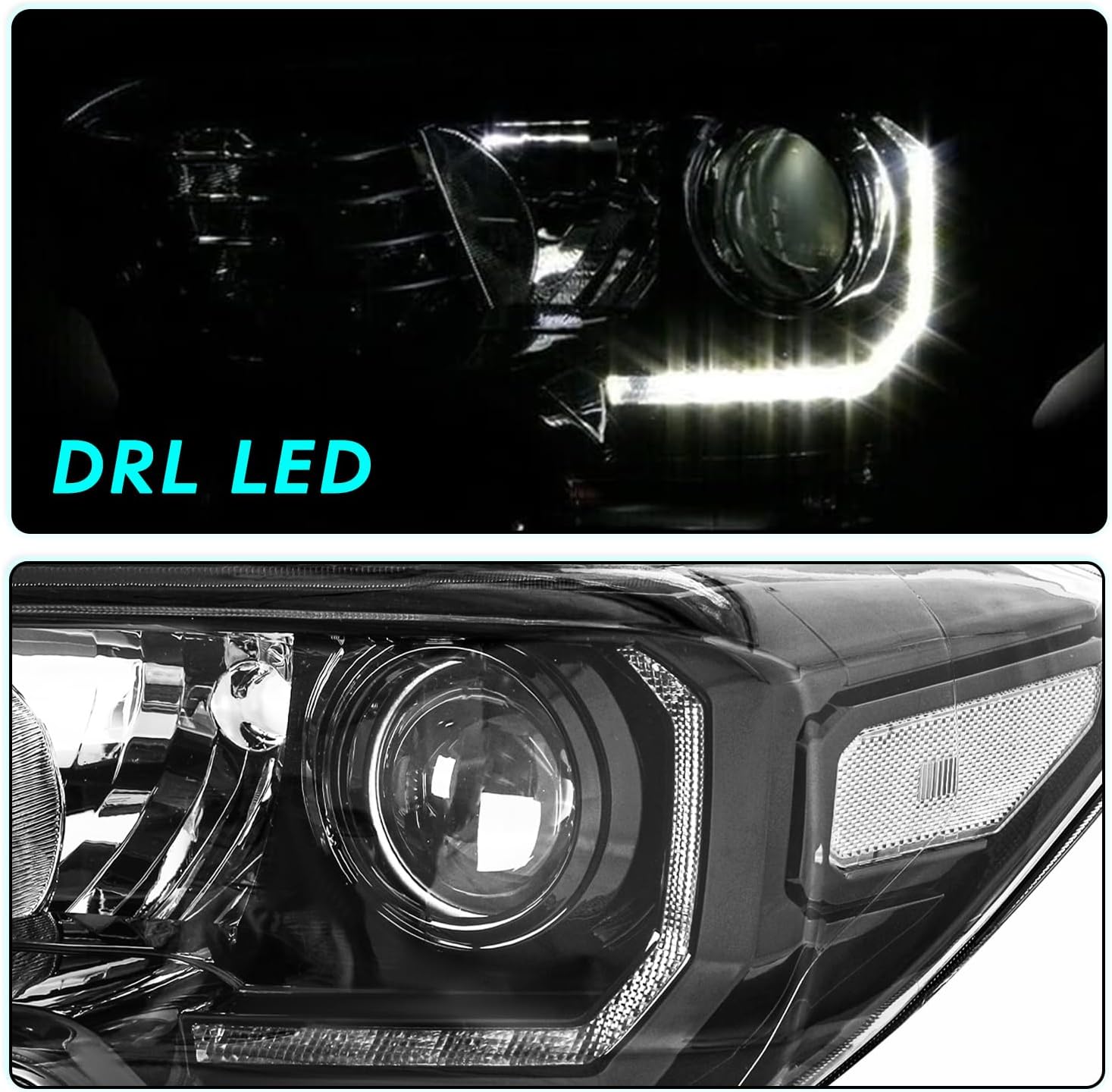 Fit For 2016 2017 2018 2019 2021 2022 Toyota Tacoma w/LED DRL Black Projector Halogen Headlights Headlamps L+R,Black Housing with Clear Reflector