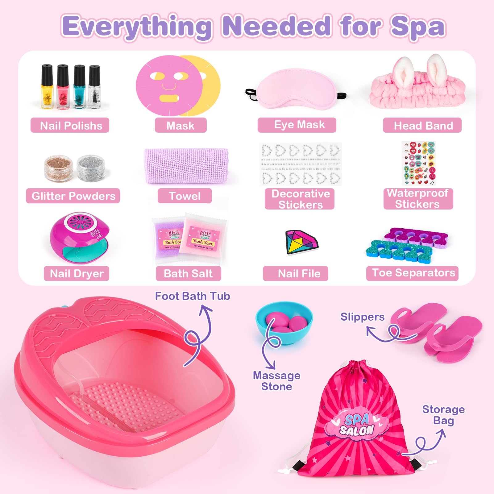 Dreamon Spa Pieds Enfants pour Filles – Spa Pédicure avec Changement de Couleur, Bain de Pieds, Séchoir à Ongles & Masque– Kit Spa Manucure & Pédicure 27 Pièces – Cadeau Relaxant pour Enfants 6-12 Ans