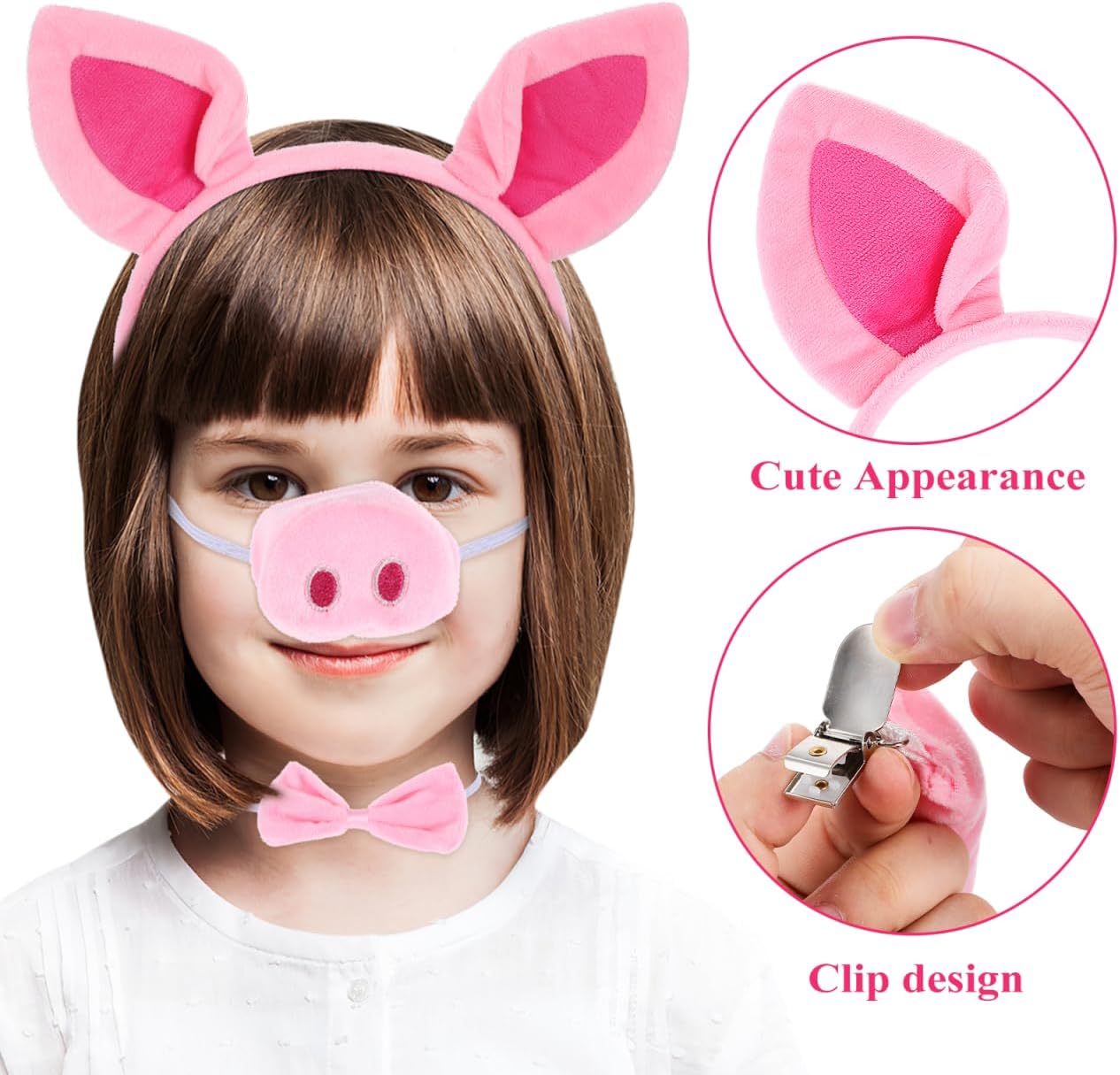 Amosfun Pig Costume Set Pig Ear Headband Nose Tail Bowtie Set Animal Cosplay Costume Accessory Photo Props - Image 3