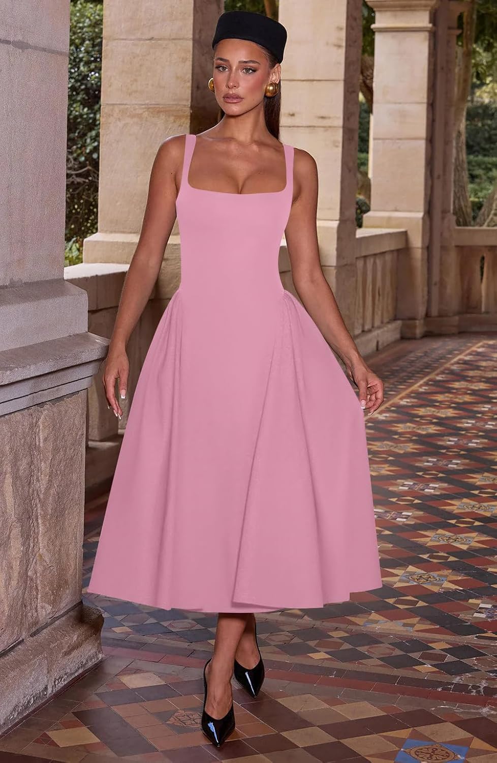 Memoriesea Women's Elegant Square Neck Swing A Line Wedding Evening Party Midi Dress
