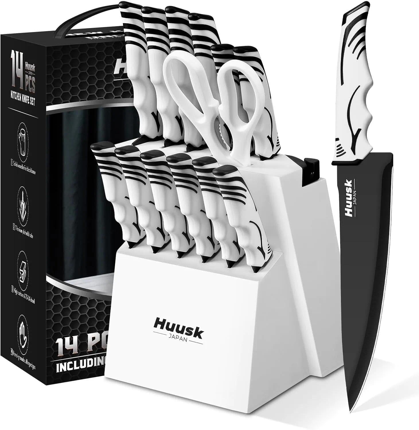 Huusk Knife Block Set with Sharpener - White Kitchen Knives Set with Wooden Knife Block - Ideal Housewarming